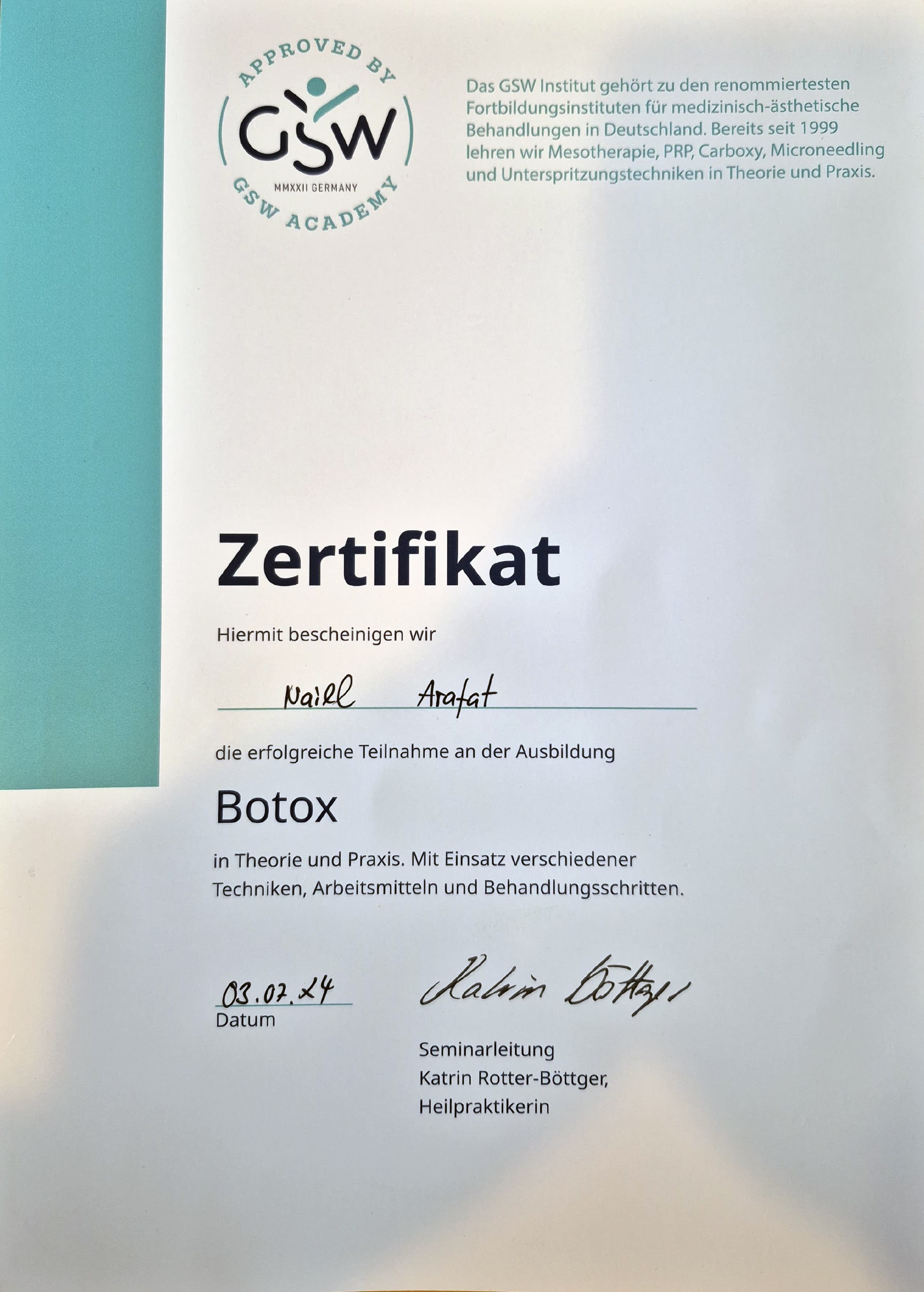 Zertifikat Botox in Theorie und Praxis