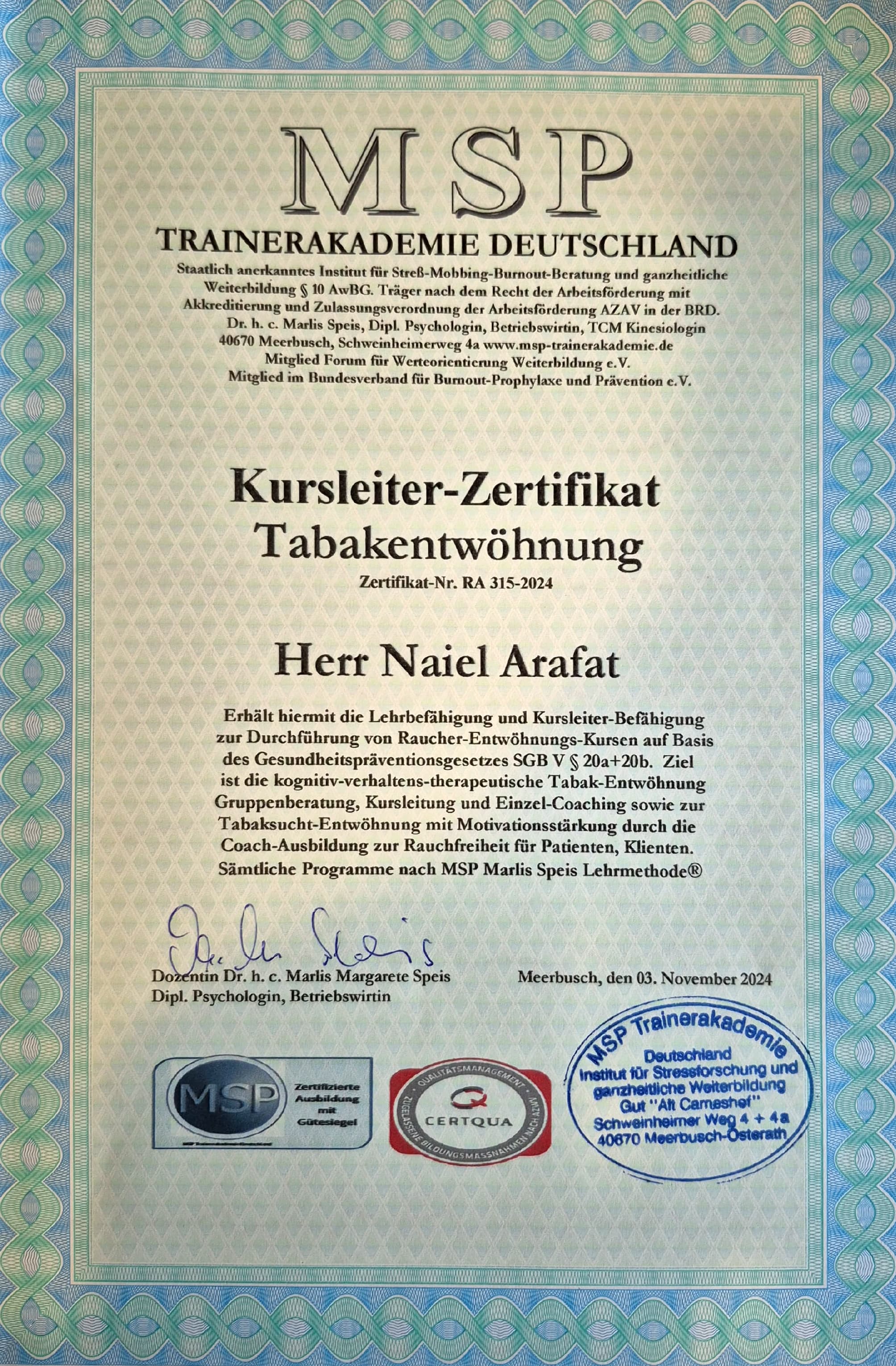 Zertifikat Kursleiter und Lehrbefähigung Tabakentwöhnung